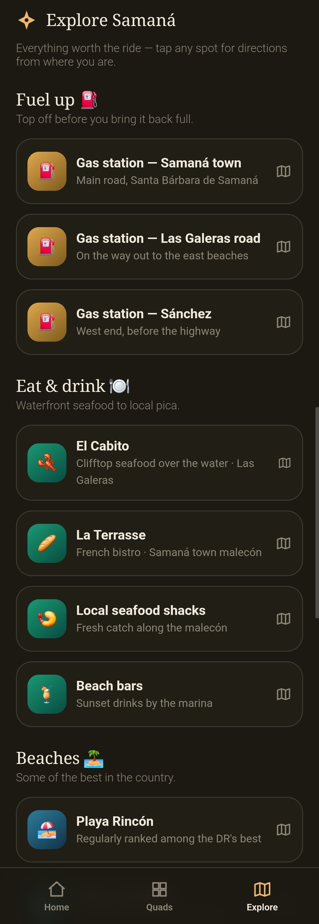 SCALLYWAG explore screen listing fuel stops, places to eat, and nearby beaches