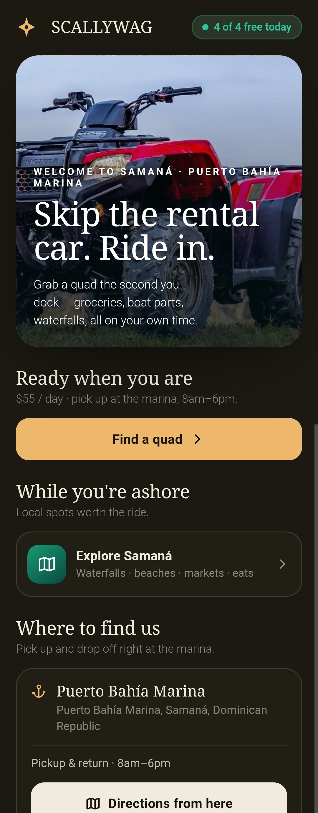 SCALLYWAG rider home screen with a quad rental hero, the daily rate, and an explore-the-island section