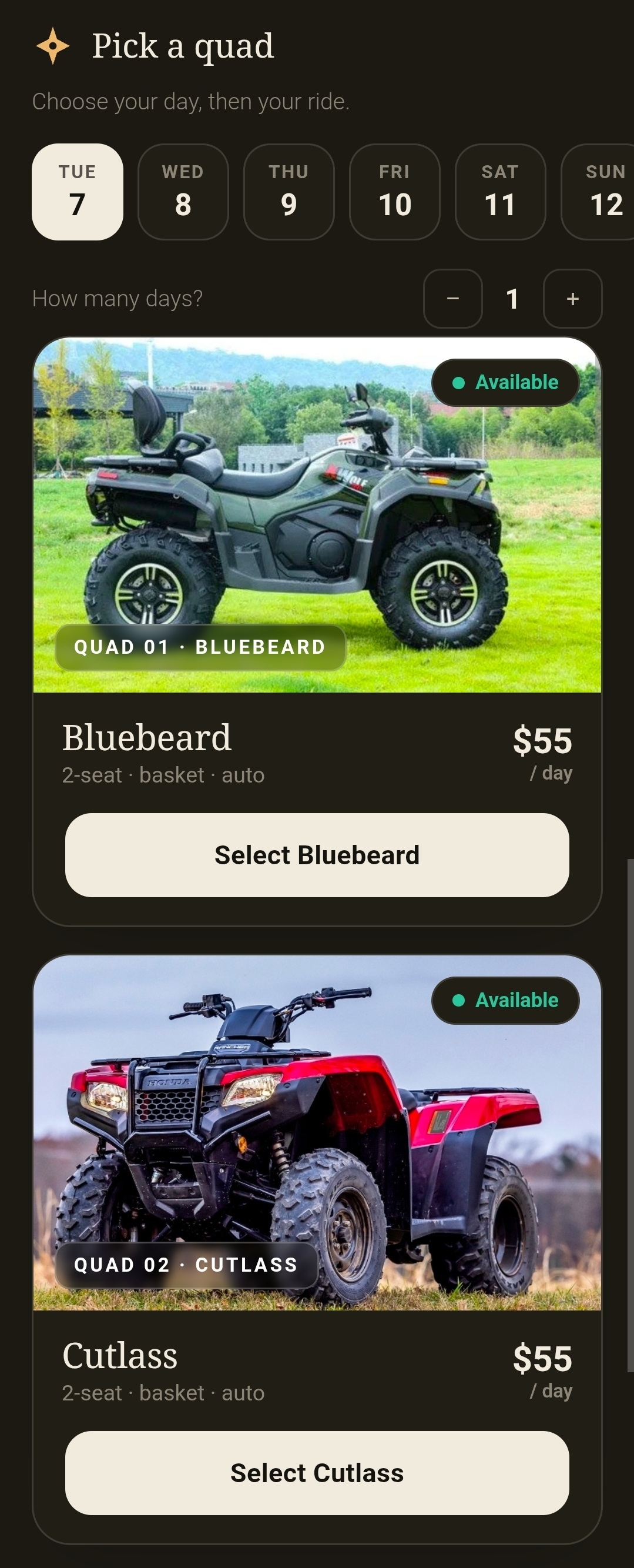 SCALLYWAG booking screen showing a day picker and available quads with per-day rates