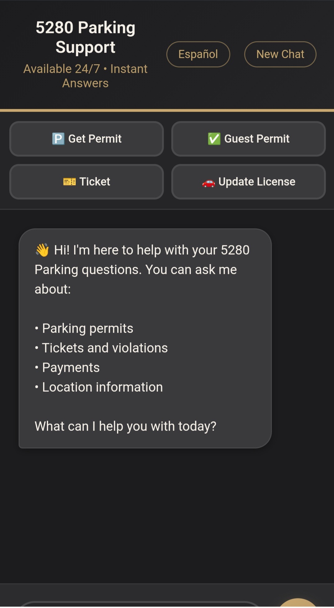 SOVA customer-facing chatbot for a parking operator with quick-action buttons — Get Permit, Guest Permit, Ticket, Update License — under a 24/7 instant-answers header
