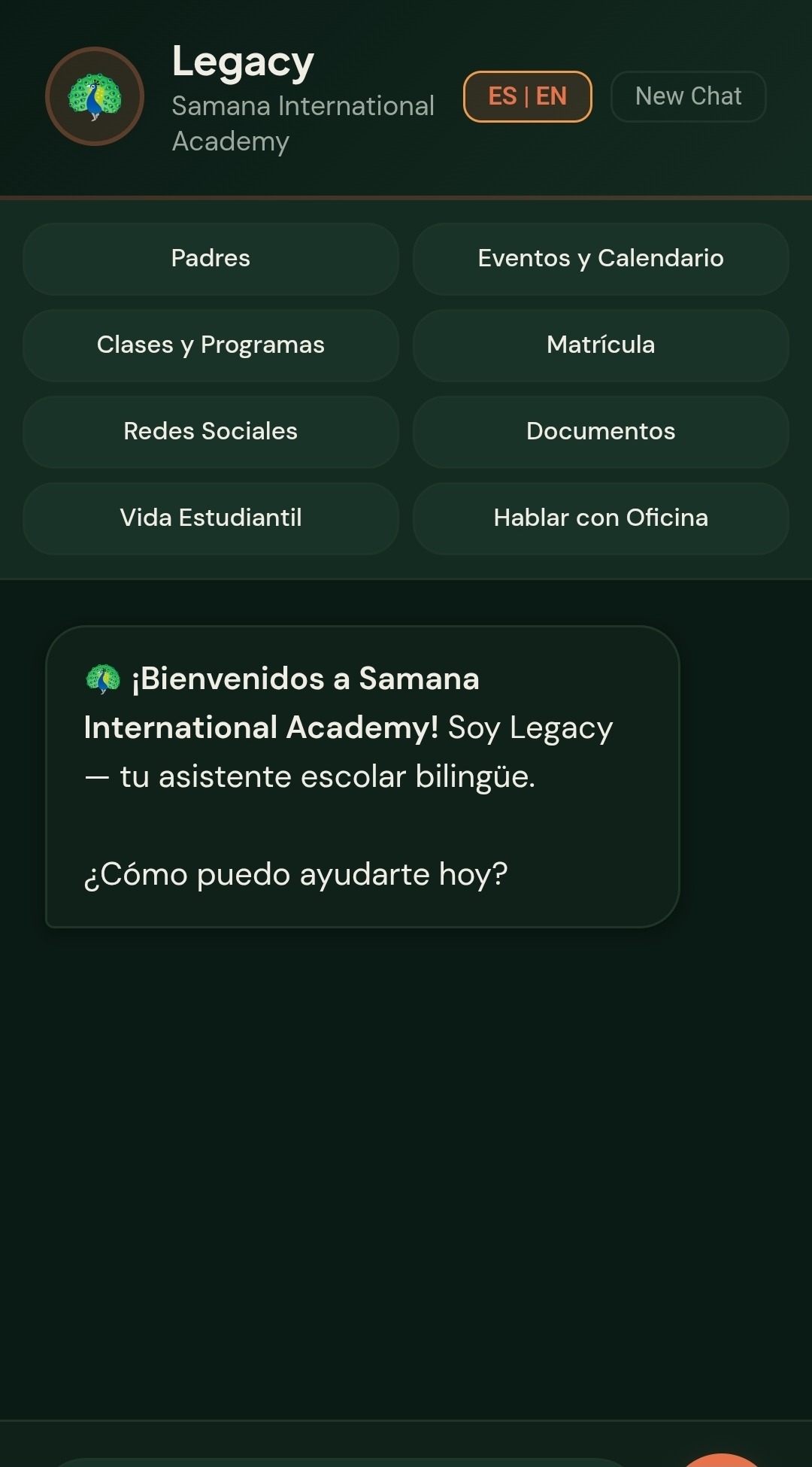 SOVA bilingual customer-facing chatbot for a school with English/Spanish toggle and tile categories