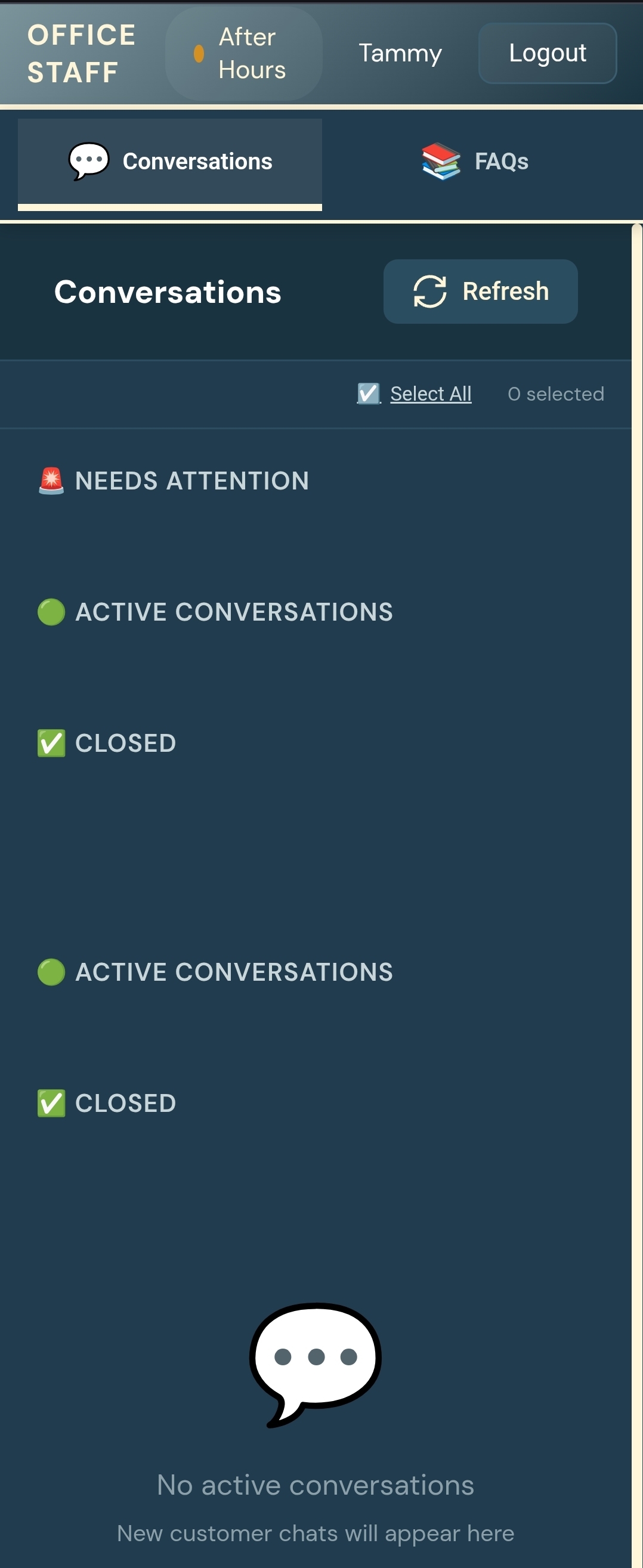 SOVA office staff inbox showing conversation queue with after-hours mode and active conversations