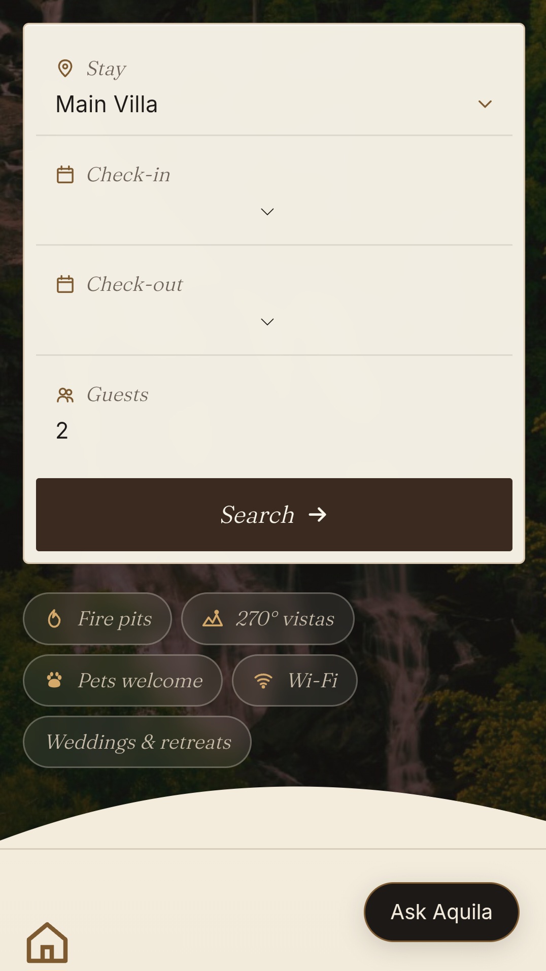 TALON public booking search hero — Stay, Check-in, Check-out, Ask Aquila pill