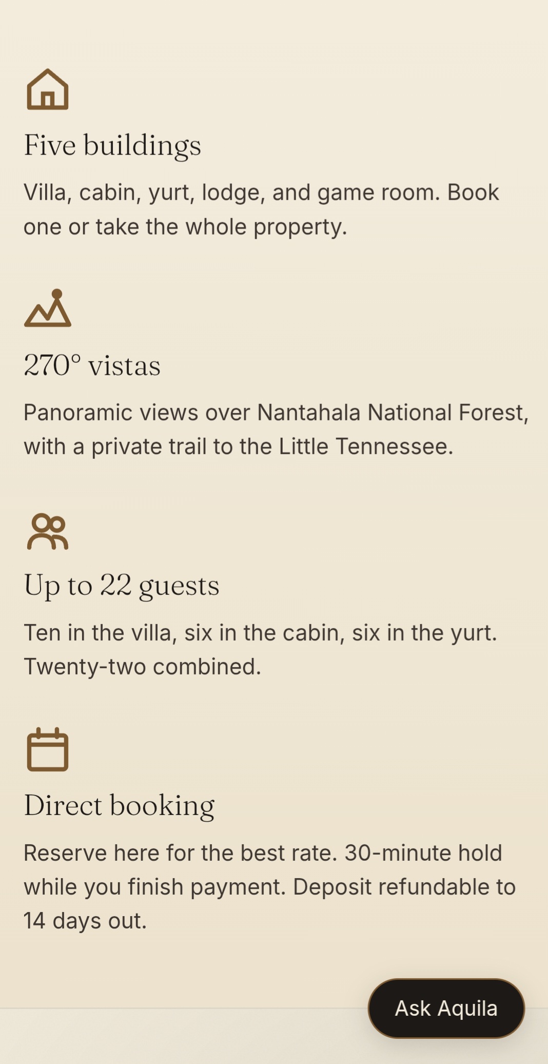 TALON property details — five buildings, 270 degree vistas, 22 guests, direct booking