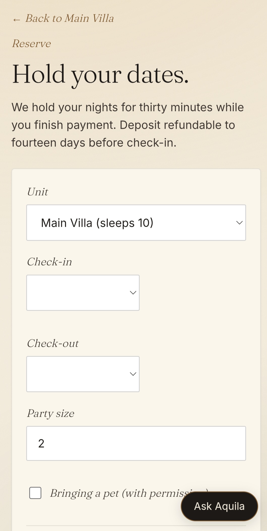 TALON Reserve — hold your dates form