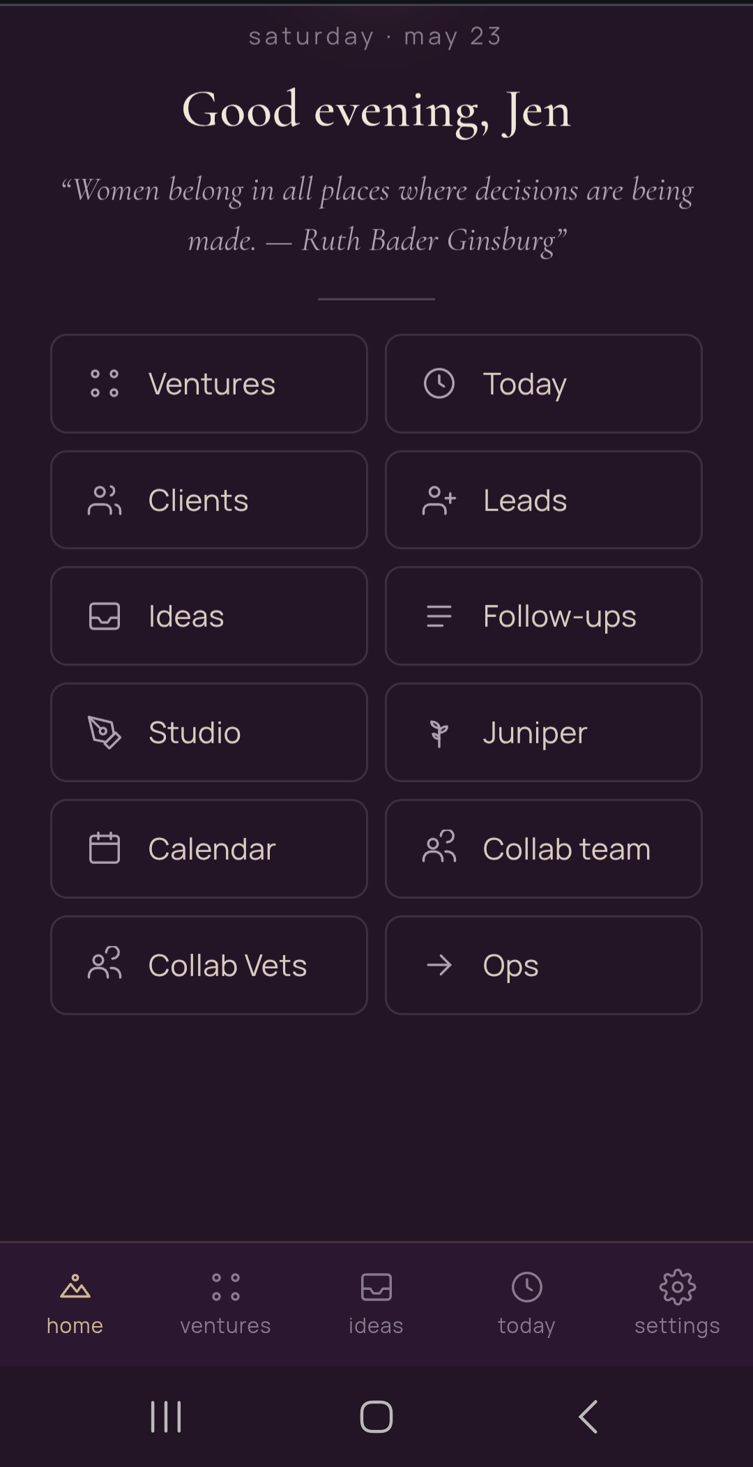 TALON Multi-Venture home — Good evening Jen, dark plum, Ventures Today Clients Leads Studio Juniper Calendar Collab team Collab Vets Ops