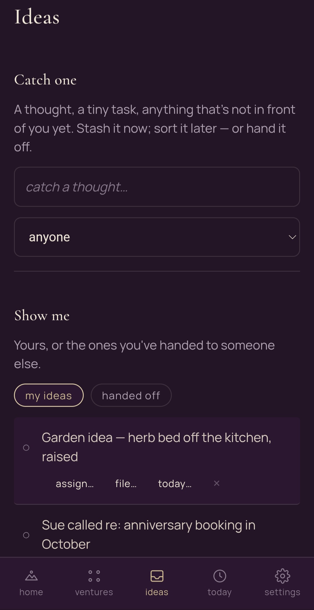 TALON Ideas board — Catch one, my ideas and handed off