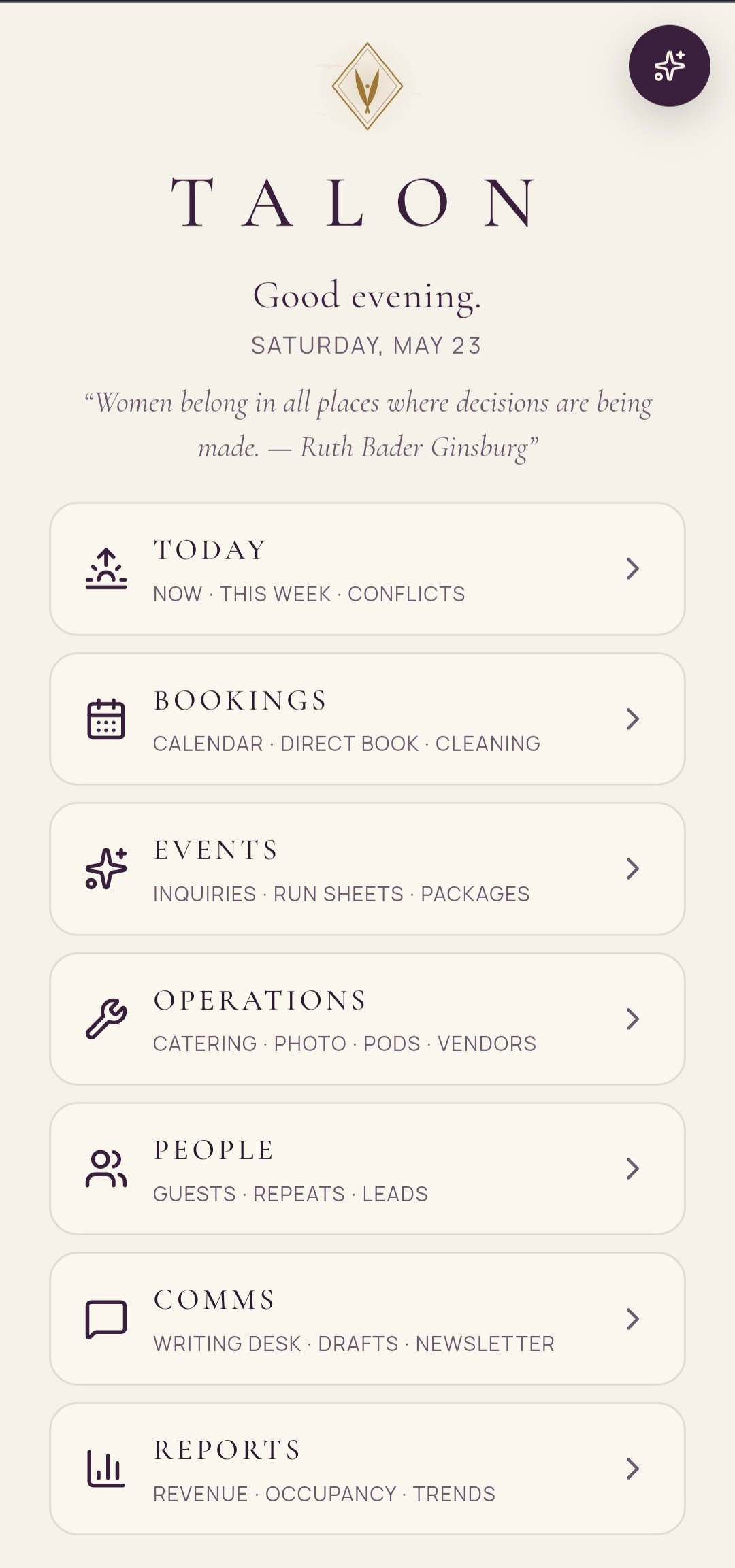 TALON owner dashboard — Saturday May 23, Today view with Bookings, Events, Ops, People, Comms, Reports
