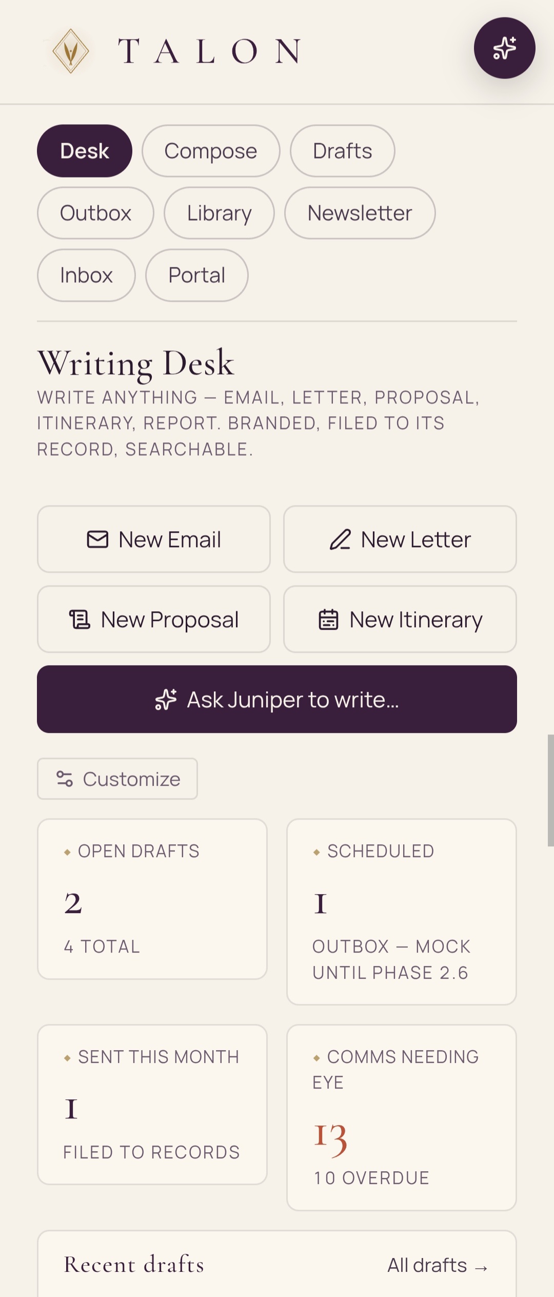 TALON Writing Desk — Compose, Drafts, Outbox with Ask Juniper to write