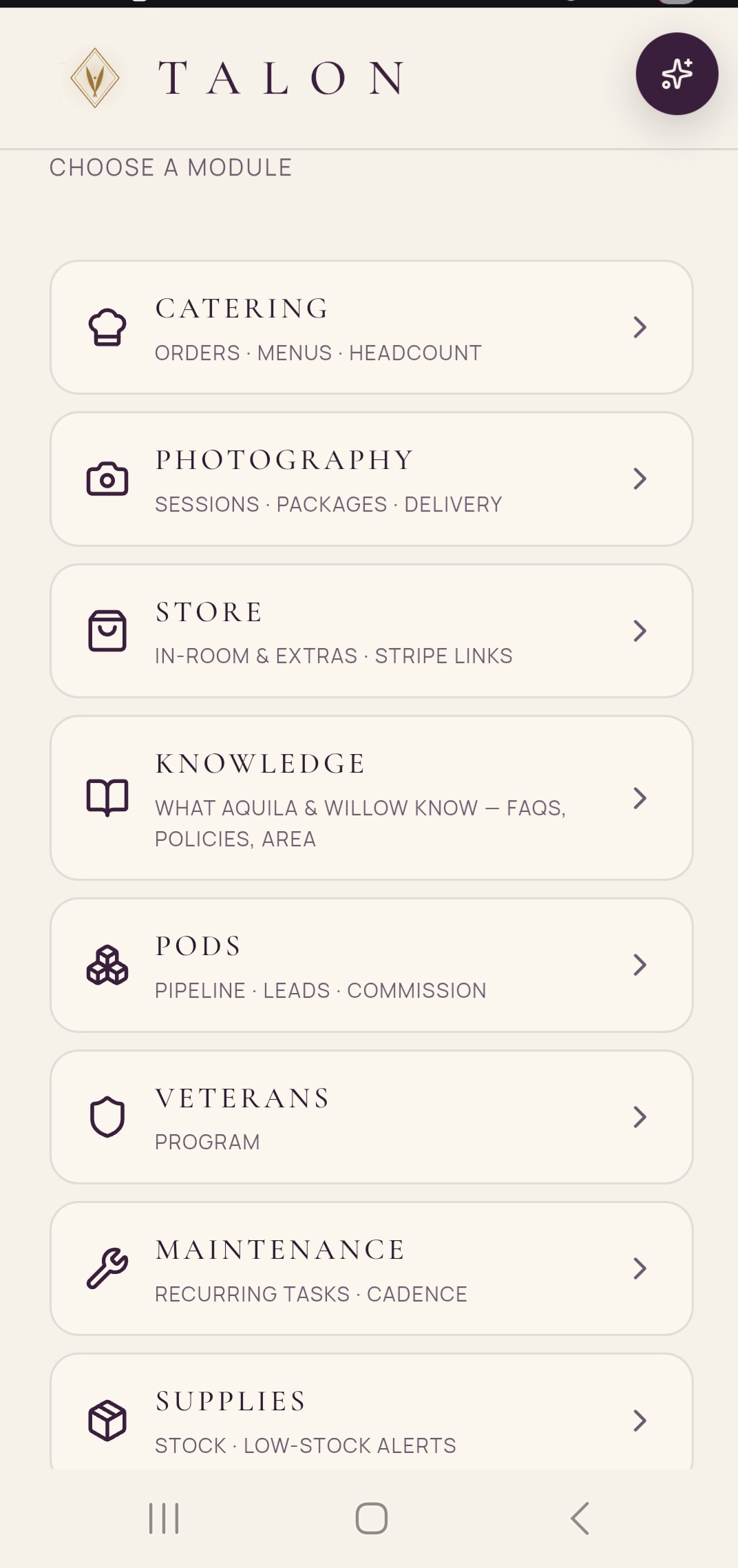 TALON Operations module picker — Catering, Photography, Store, Knowledge, Pods, Veterans, Maintenance, Supplies