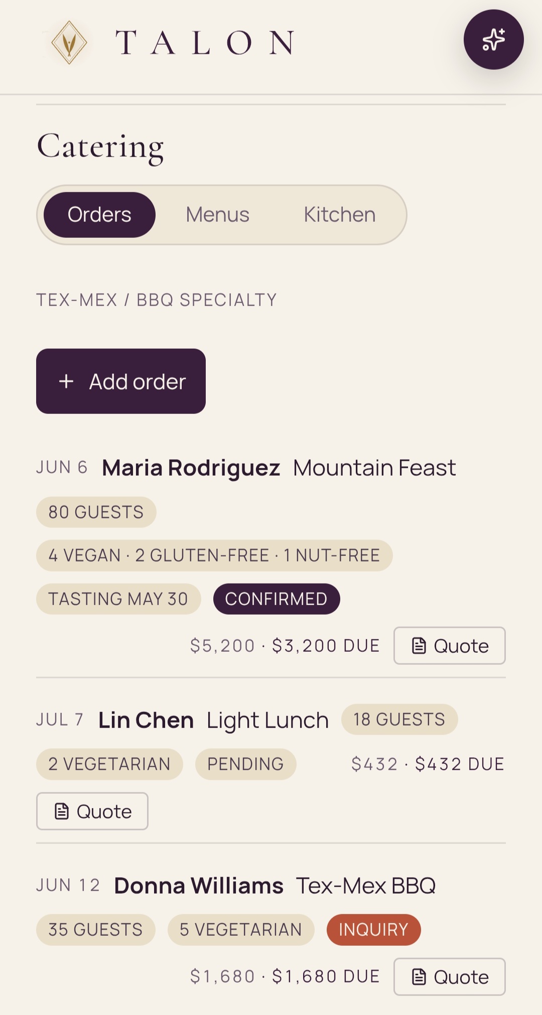 TALON Catering orders for Rodriguez, Chen, Williams