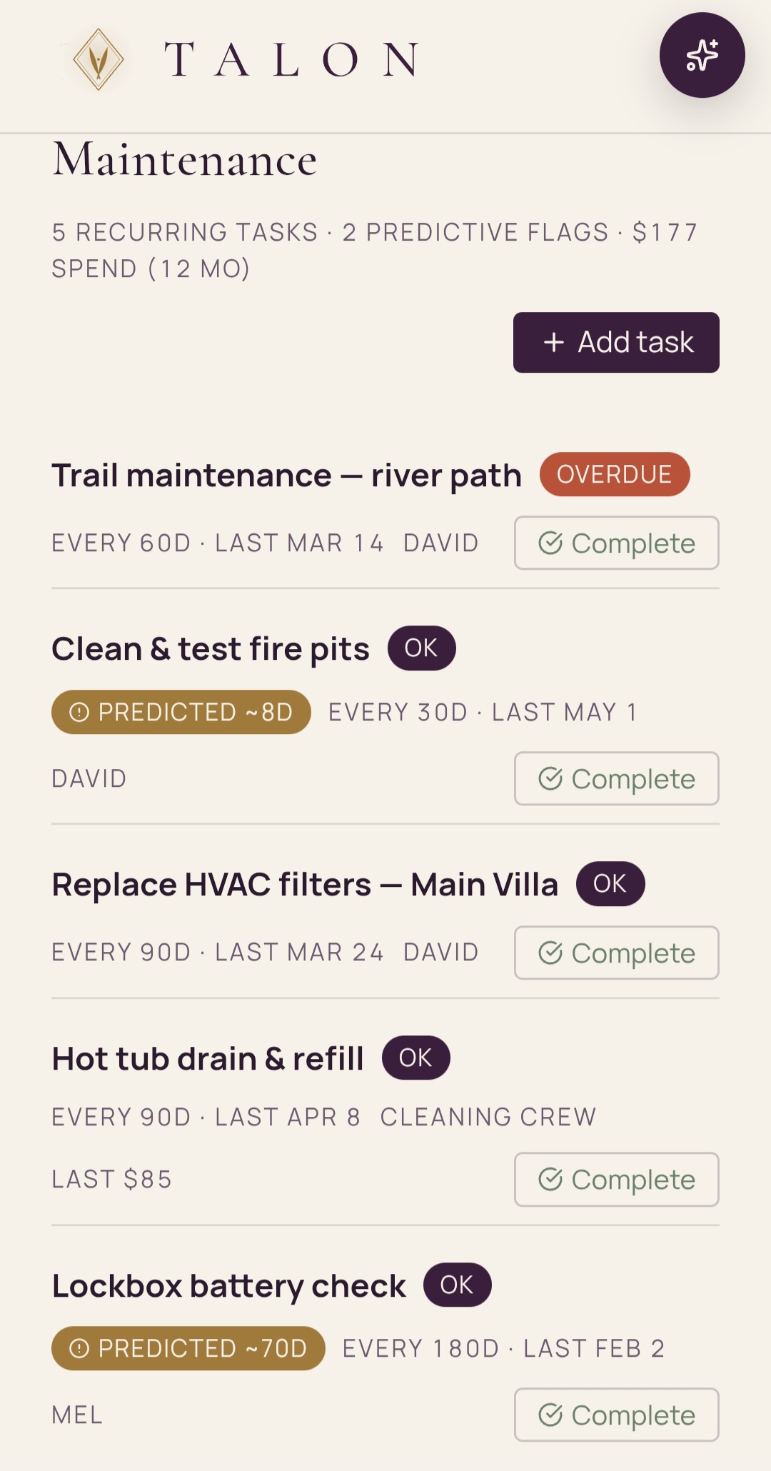 TALON Maintenance — river trail, fire pits, HVAC, hot tub, lockbox
