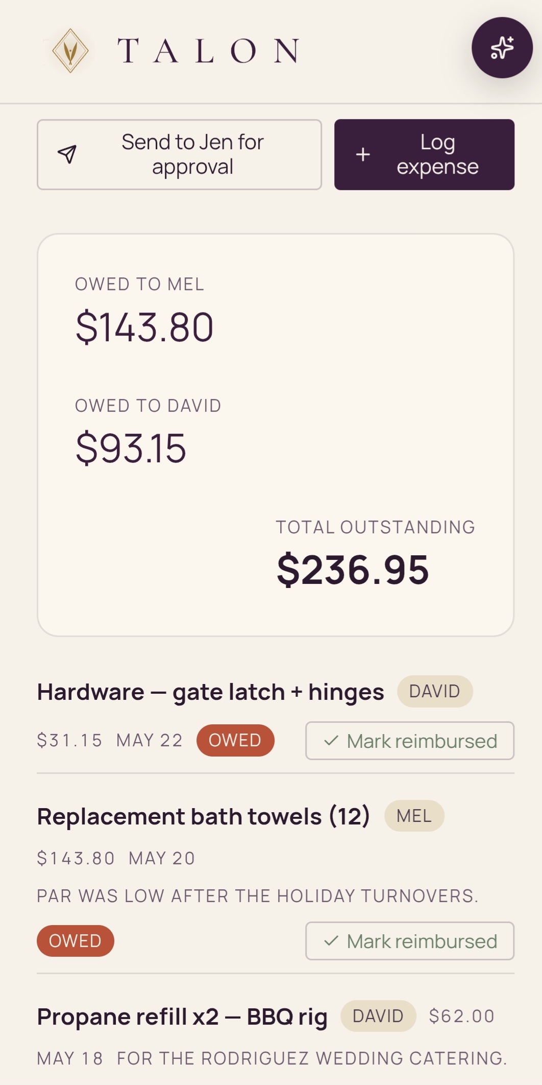TALON Expenses owed — Mel and David, $236.95 outstanding