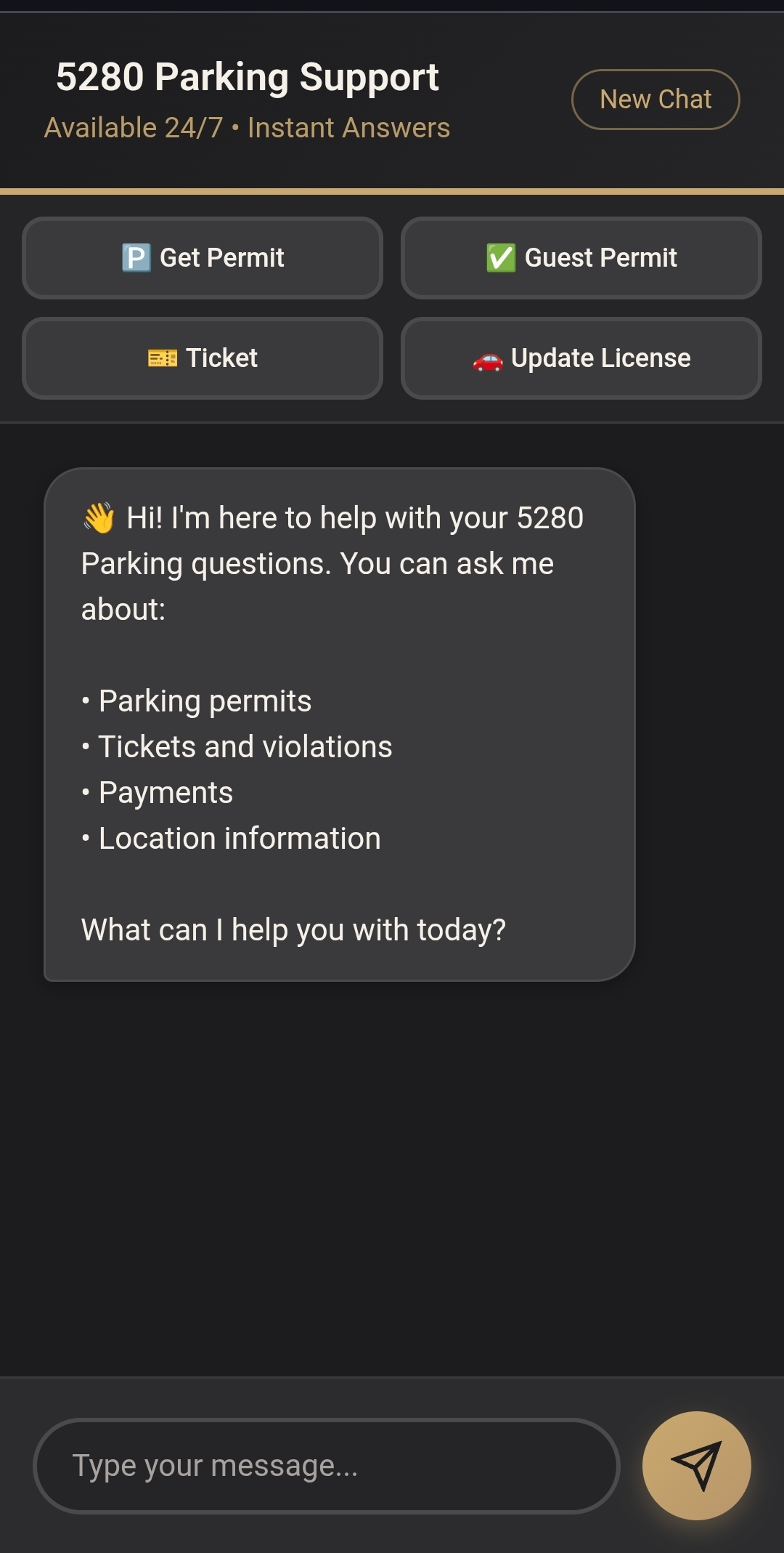 Parking management customer support chat with quick action buttons for permits and tickets