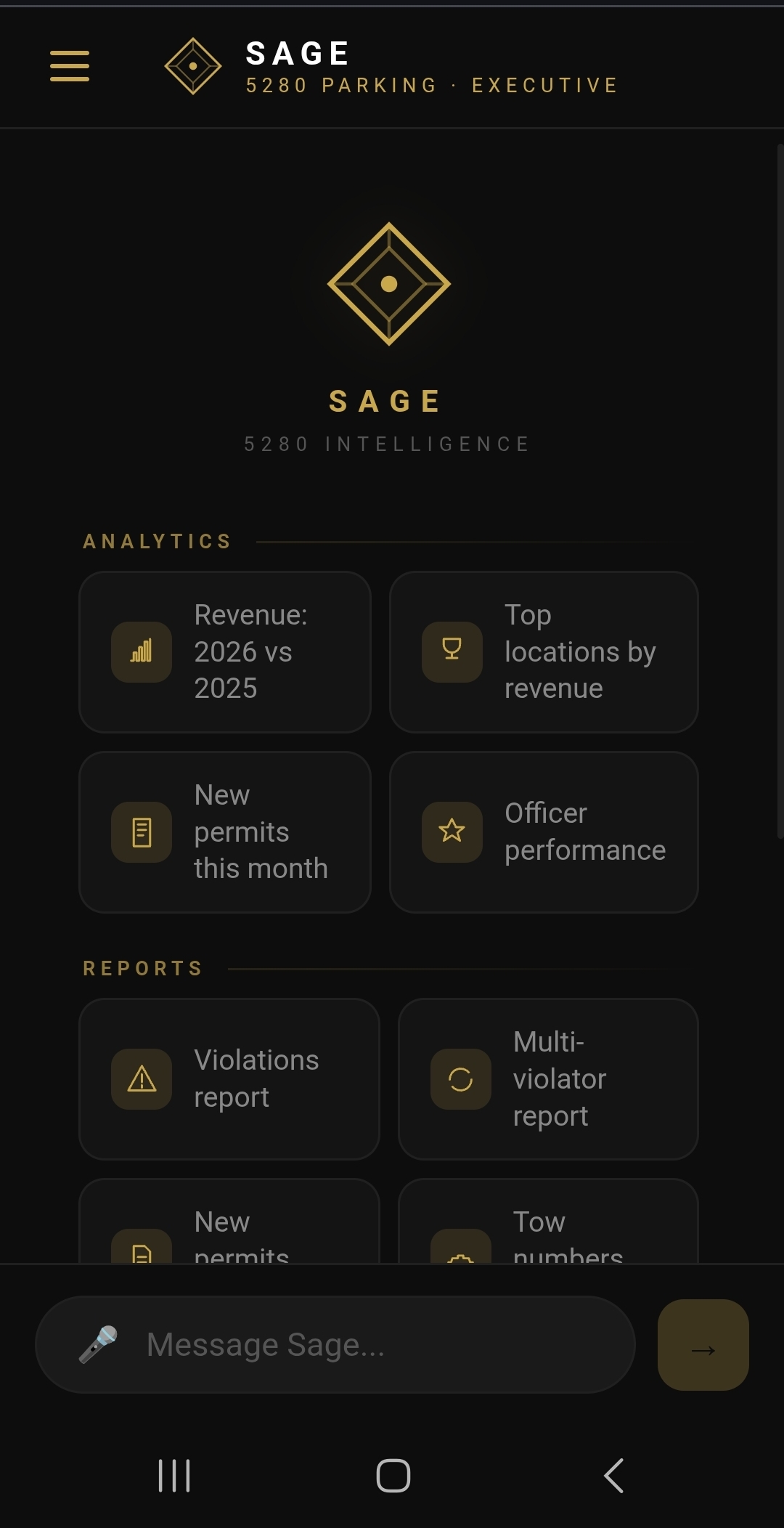 SAGE intelligence dashboard for 5280 Parking, showing analytics and reports tiles