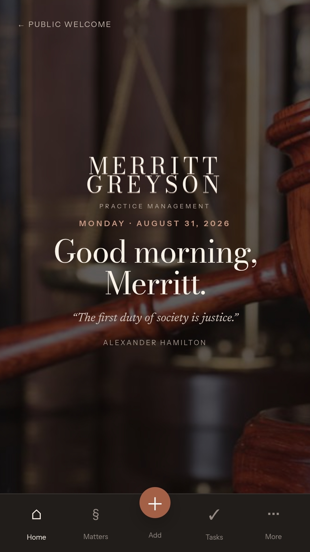 WILLOW welcome screen for the demo firm Merritt Greyson