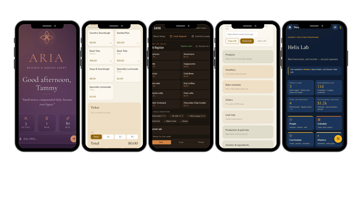 Fabrizio Tech systems across five phones: the ARIA revenue and inquiry agent, a BASIL bakery market, the JAVA coffee register, a BASIL back office, and a CANOPY STEM lab dashboard