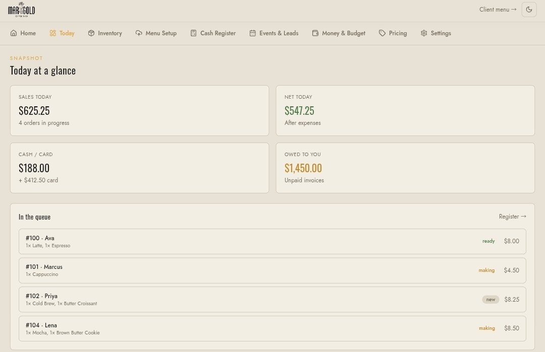 A desktop dashboard, Today at a glance: sales today, net today, cash and card, and unpaid invoices, with a live order queue